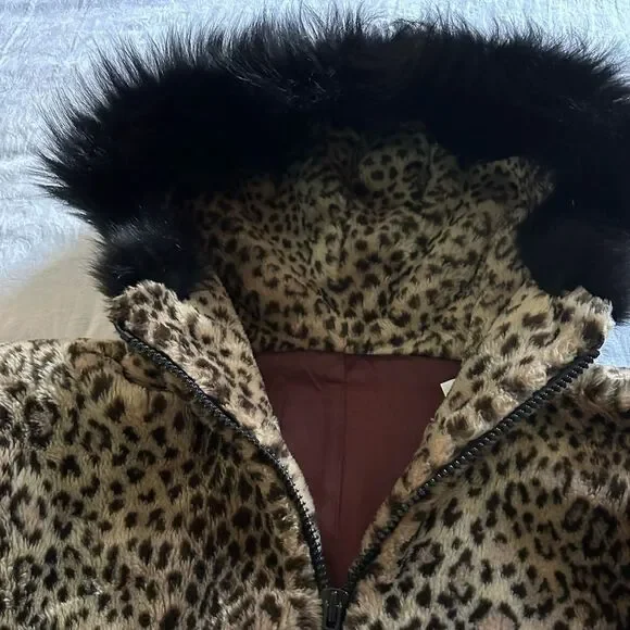 Fur Coat Jacket Hip Length Hooded Lined Cheetah Print - Picture 5 of 13
